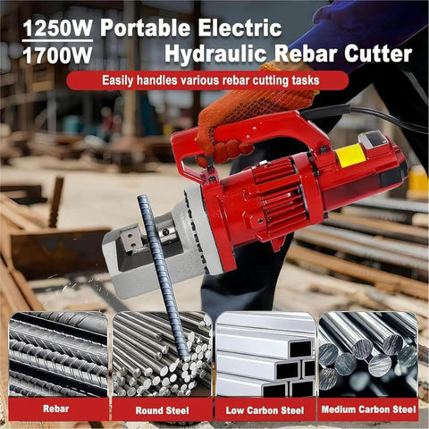 Portable 1250W Electric Rebar Cutter Machine Cuts Up To 25mm Steel Rods With Hydraulic Power For Construction Sites, cutting rebar on job site.