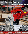 Heavy Duty Hydraulic Electric Rebar Cutter, Portable Steel Bar Cutting Machine With Powerful 1700W Motor cutting rebar on a job site.