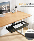 Smooth Glide Under Desk Keyboard Tray Featuring Adjustable Tilt And Height Controls 25 X 10 Inch Drawer Platform with built-in wrist rest in office setting.