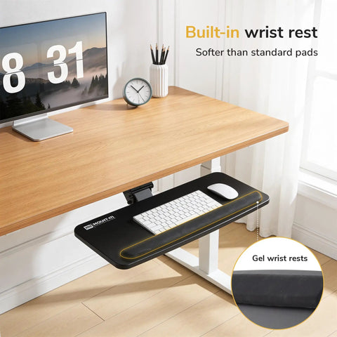 Smooth Glide Under Desk Keyboard Tray Featuring Adjustable Tilt And Height Controls 25 X 10 Inch Drawer Platform with built-in wrist rest in office setting.