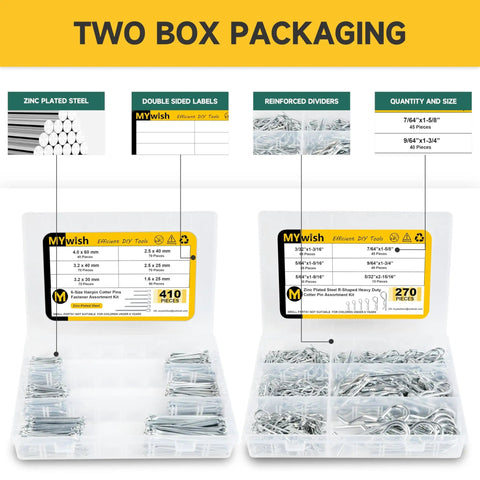 620 Piece Cotter Pin Kit With Zinc Plated Steel Pins, Hairpin Cotter Pins And R Clips, showing two box packaging layout