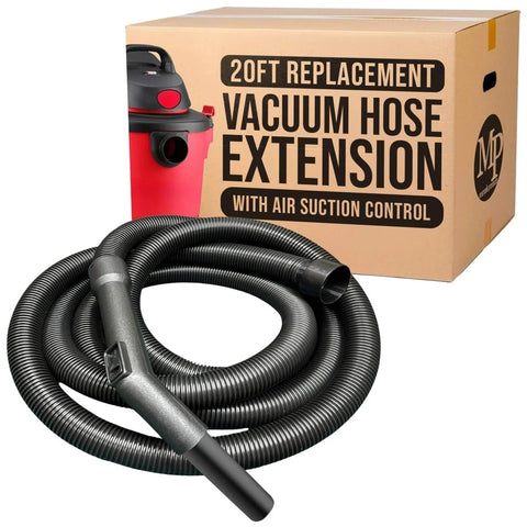 Heavy Duty 20 Foot Vacuum Hose Replacement For Shop Vac Style Wet Dry Vacuums with crushproof suction control, shown in packaging.