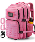 Pink 45L MOLLE Assault Backpack With Bottle Holder And D Rings 3 Day Tactical Rucksack For Camping And Mil Grade Use Water Resistant High Density Fabric USA Flag Patch Gear Built For Any Mission