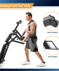 Man moving Six Position Adjustable Utility Bench With Leg Developer And High Density Foam Padding, showcasing transport wheels and handle.