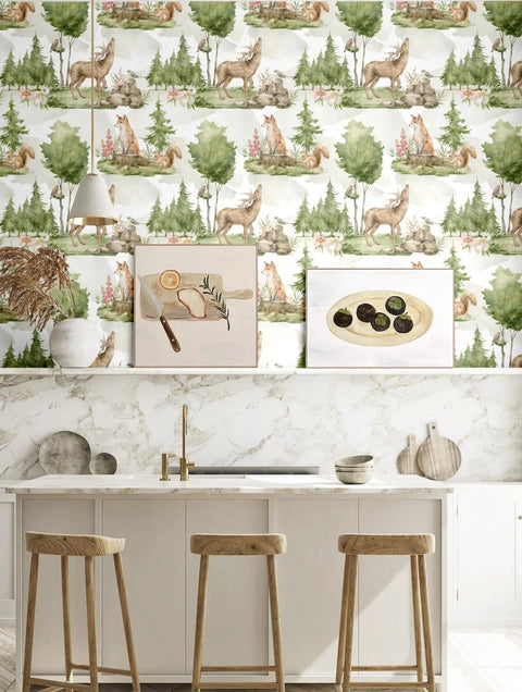 Peel And Stick Wallpaper With Cute Animals In A Green Forest Self Adhesive Wall Mural Matte Finish above kitchen counter