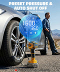 No Fuss Cordless Tire Inflator Workhorse With Blazing Fast Airflow And Totally Foolproof Digital Gauge Auto Shut Off quick fill pump in use with digital display on tire.