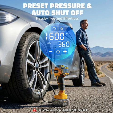 No Fuss Cordless Tire Inflator Workhorse With Blazing Fast Airflow And Totally Foolproof Digital Gauge Auto Shut Off quick fill pump in use with digital display on tire.
