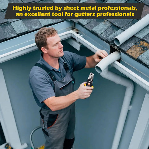 Man using Snap Lock Punch Tool For Sheet Metal And Vinyl Siding 9 Inch End Cap Crimper For Gutter Corners on aluminum siding