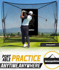 Golfer practicing with Heavy Duty 10x7ft Golf Practice Net For Backyard Driving, Real Golf Balls, Includes Target Cloth And Carry Bag