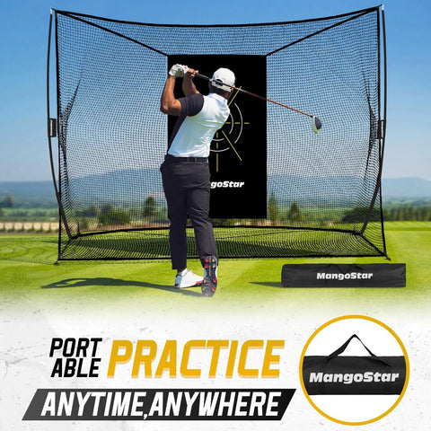 Golfer practicing with Heavy Duty 10x7ft Golf Practice Net For Backyard Driving, Real Golf Balls, Includes Target Cloth And Carry Bag