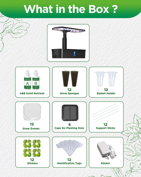 Contents of Smart Indoor Herb Garden Kit With 24W LED Grow Light And Height Adjustable Tray, 12 Pod Hydroponic System