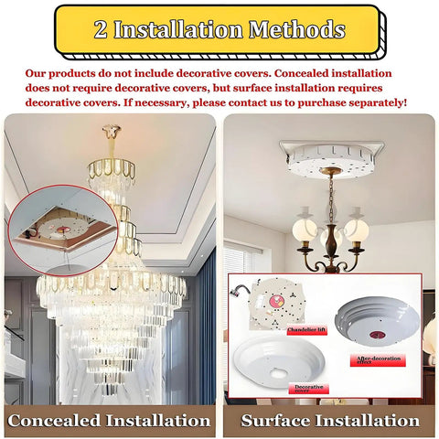 Image showing 2 installation methods for Heavy Duty Electric Chain Hoist With Protective Cover, for ceiling lights.