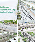 Drip irrigation system featuring all in one one quarter inch barbed coupling fittings kit for drip irrigation 110 piece universal double barbed connectors fits one quarter inch tubing easy install drip line system parts for lawn garden, installed in greenhouse with plants on white trays.