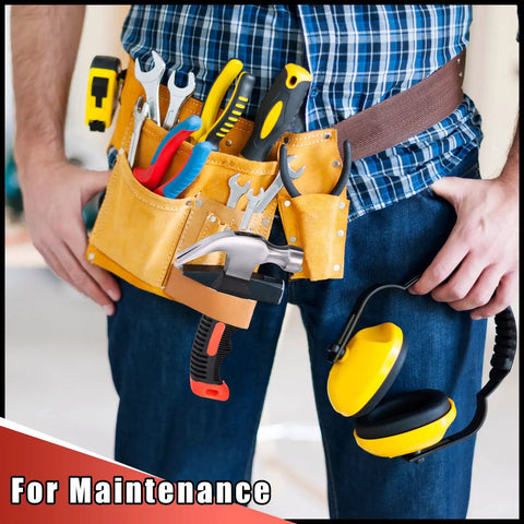 Person wearing tool belt with 8 Piece Small Hammer Set 8 Oz Mini Claw Hammers For Kids And Adults and tools, for maintenance and DIY.