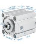 Compact Double Acting Air Cylinder Workhorse with 50mm Bore and 50mm Stroke, aluminum body, PT1/4 ports, top view with dimensions