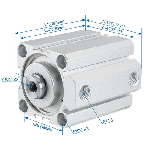 Compact Double Acting Air Cylinder Workhorse with 50mm Bore and 50mm Stroke, aluminum body, PT1/4 ports, top view with dimensions
