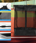 Take Anywhere Slatwall Basket Organizer With Grab And Go Design And Detachable Hooks Large Mesh Storage Bin With Easy Access Zipper Adjustable Shoulder Strap Ideal For Home Garage Gym And Sports Gear Organization displaying mesh design, adjustable strap, and drawstring closure with view of tennis court in background.