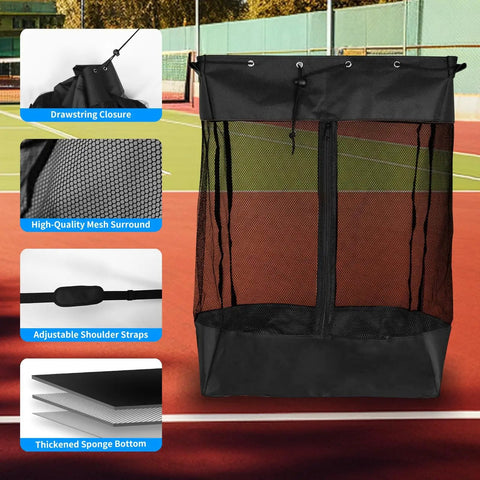 Take Anywhere Slatwall Basket Organizer With Grab And Go Design And Detachable Hooks Large Mesh Storage Bin With Easy Access Zipper Adjustable Shoulder Strap Ideal For Home Garage Gym And Sports Gear Organization displaying mesh design, adjustable strap, and drawstring closure with view of tennis court in background.