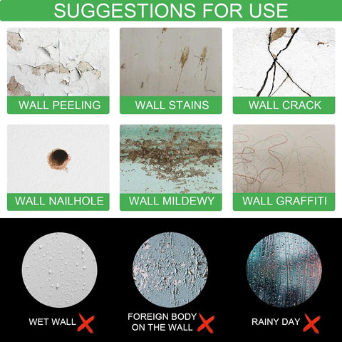 Image showing various wall issues: peeling, stains, crack, nailhole, mildew, graffiti. Conditions not suitable: wet walls, foreign body, rainy day.