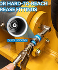 Grease gun kit LANNIU with 0.53 in coupler and 90° adaptor; 14 oz capacity, 8000 psi, installed on yellow equipment.