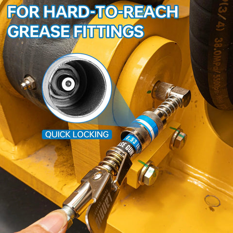 Grease gun kit LANNIU with 0.53 in coupler and 90° adaptor; 14 oz capacity, 8000 psi, installed on yellow equipment.