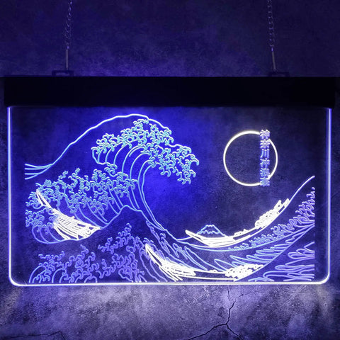 Great Wave Off Kanagawa LED Neon Sign Wall Art Dope Ukiyoe Vibe For Modern Rooms 16x24 Inches Blue And White Neon Light Decor