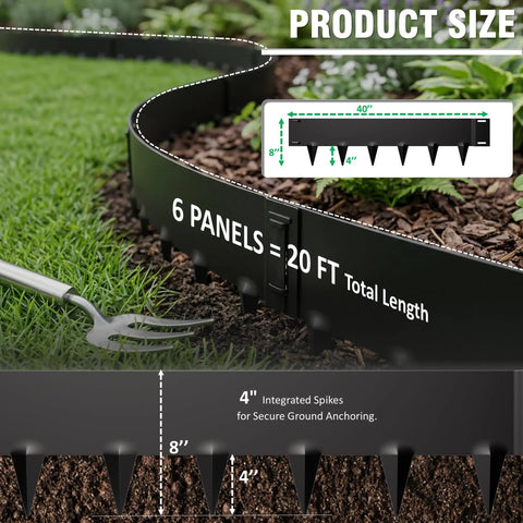 Close-up of 20ft metal landscape edging with built-in spikes and details on size, showing 8-inch tall galvanized steel border setup.