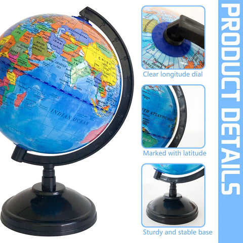 6 Inch Educational World Globe With Stand For Kids, Rotating Political World Map, Kid Friendly Classroom Geography Teaching Aid