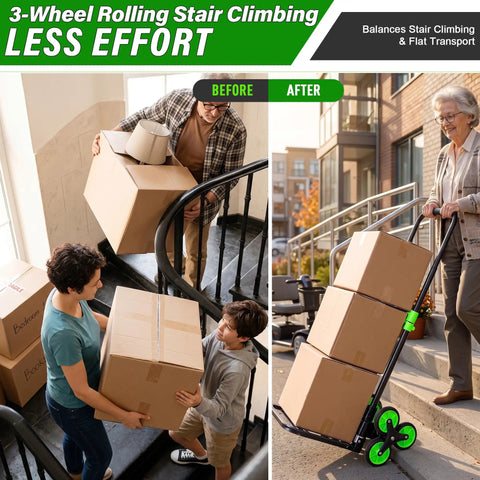Stair Climbing Dolly With Six Wheels For Heavy Duty Loads 2 In 1 Hand Truck Cart With Elastic Cords To Secure Loads And Flat Ground 440lb Lift Capacity 220lb Climb Capacity Plus Folding Design Non Slip Wheels For Easy Storage, stair move