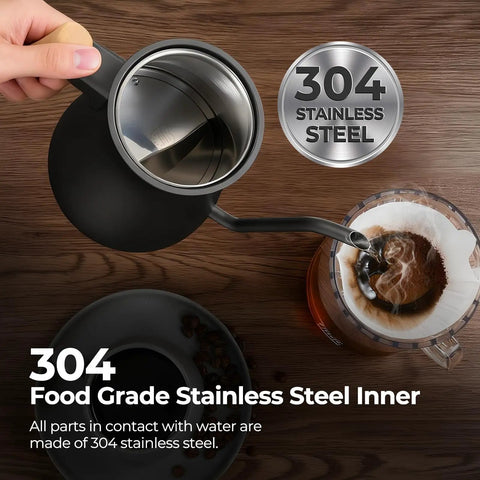 Top view of Gooseneck Electric Kettle With Precision Temperature Control Within One Degree Fahrenheit 1200W Rapid Boil In Five Minutes Keeps Warm Six Hours 304 Stainless Interior BPA Free Black pouring coffee.