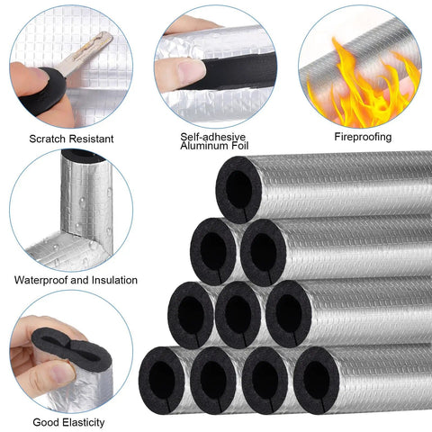 24 Pcs Pipe Insulation Foam Tubes And 4 Pcs Elbow Covers Self Adhesive Pre Slit Aluminum Foil Wrap For 3/4 And 1 Inch Pipes Winter Freeze Protection For Outdoor Spigots Sprinklers And Water Heaters displayed with scratch resistance, fireproofing, and water insulation features.