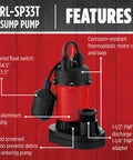 Red 115V 1/3 HP Sump Pump with tethered float switch, corrosion-resistant thermoplastic motor cover, aluminum housing shown