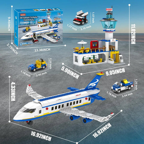 Six In One City Airport Airplane Building Set With 886 Pieces for STEM Learning including terminal, airplane, and vehicles.