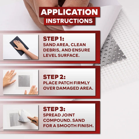 Application instructions for Heavy Duty Aluminum Drywall Patch Kit 12 Pack With Fiberglass Mesh Mess Free Self Adhesive Wall And Ceiling Hole Patches 4 6 8 Inch For Sheetrock Durable DIY Fix That Sticks And Lasts, showing steps to sand, apply and finish the patch on a wall surface.