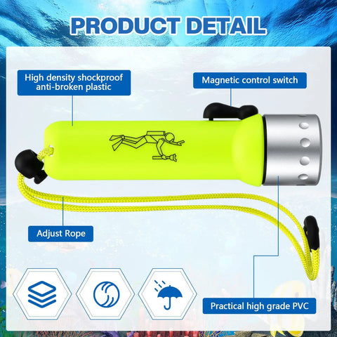Product detail of 4 Pack 1000 Lumen T6 LED Diving Flashlights With Lanyards Waterproof Underwater Torch highlighting high-grade PVC and features.