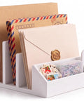 Two Pack 3 Slot Mail Organizer For Desk Space Saving With Front Accessory Tray Vertical Letter Holder And Bill Sorter Premium Plastic Desktop File Organizer For Envelopes Notebooks And Office Supplies White holding envelopes and clips