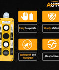 Waterproof Industrial 4 Button Pushbutton Switch for Hoist Crane With Box Holder, yellow body with icons and features.