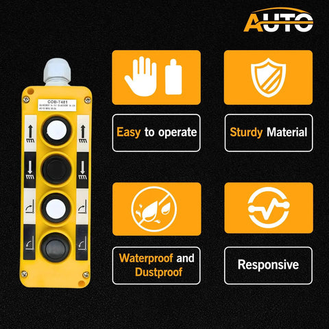 Waterproof Industrial 4 Button Pushbutton Switch for Hoist Crane With Box Holder, yellow body with icons and features.