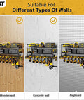 Wall Mount Power Tool Organizer With Seven Cordless Drill Holders, Heavy Duty Metal Tool Rack on wooden, concrete, pegboard walls