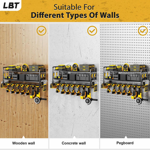 Wall Mount Power Tool Organizer With Seven Cordless Drill Holders, Heavy Duty Metal Tool Rack on wooden, concrete, pegboard walls