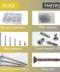 Comparison of Heavy Duty Sheet Metal Screws Assortment Kit with 410 Stainless Steel fasteners vs. regular screws, showing sizes and rust resistance.