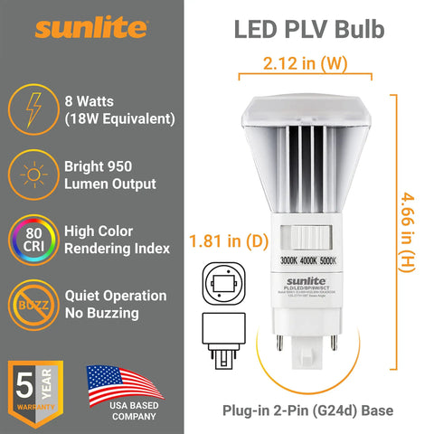LED CCT Recessed Ballast Bypass Light Bulb Instant On No Buzz 8W 18W Fluorescent Replacement 950 Lumens G24D 2 Pin Base Vertical UL Listed RoHS