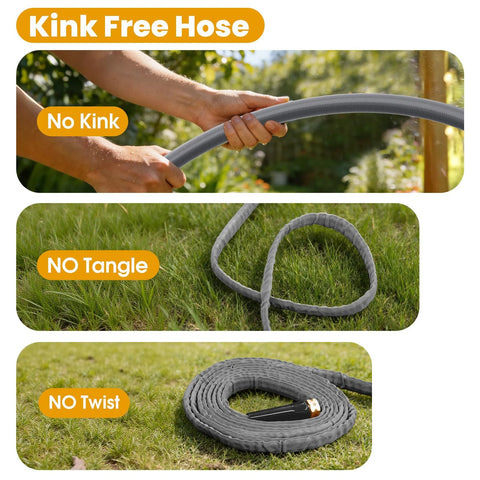 GUKOK 100 ft gray kink-free garden hose shown in three views: held, coiled on grass, and with brass nozzle.