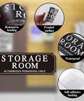 Straight Up Durable Authorized Personnel Only Sign, Hella Strong Self Adhesive Waterproof Door Plaque For Business Rooms And Private Offices, Solid Matte Finish Built To Last Year Round, storage room detail with waterproof and self-adhesive.