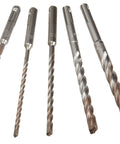 SDS Plus Bits Set 5 Piece With Rock Carbide Tip for concrete and masonry drilling, showing five metal drill bits in various sizes.