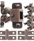 Double Roller Cabinet Door Catches 20 Pack Cold Rolled Steel Weather Resistant Built to Keep Kitchen and Closet Doors Shut Tight Easy Push Release Latch for Cupboards Drawers, close-up of metal latches and mounts.