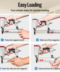 Hustle Ready 18 Gauge Pneumatic Brad Nailer With Beefy Aluminum Body And Comfort Grip Straight Shooting Nail Gun easy loading steps