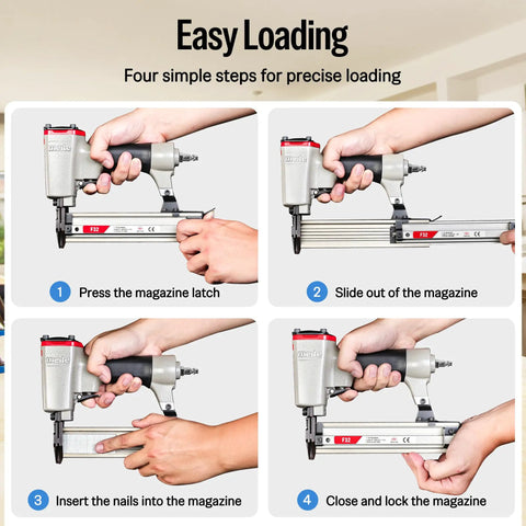 Hustle Ready 18 Gauge Pneumatic Brad Nailer With Beefy Aluminum Body And Comfort Grip Straight Shooting Nail Gun easy loading steps