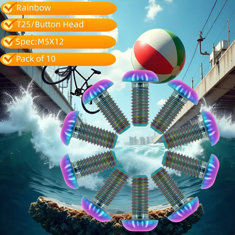 Dope Anodized M5x12 Titanium Bolts 10 Pack ultra lightweight rustproof fasteners arranged in rainbow colors with beach background.
