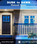 House entrance lit by Boss Outdoor Motion Sensor Flood Light 5000K Daylight LED, highlighting dusk to dawn feature.